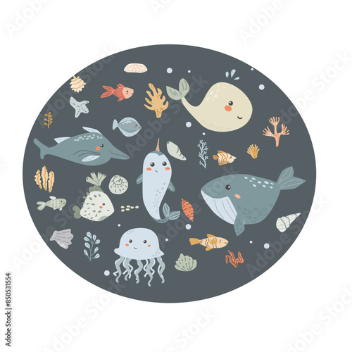 Childrens sea animal background with shell. Nautical elements card. Cute fish or ocean inhabitant with seaweed, shells. Sea wild life, marine animals background with plants for cover design, cloth photo