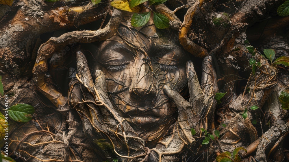 Surreal artistic representation of a face intertwined with roots and leaves, symbolizing nature and human connection.