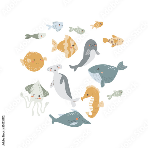 Childrens sea animal background with shell. Nautical elements card. Cute fish or ocean inhabitant with seaweed, shells. Sea wild life, marine animals background with plants for cover design, cloth photo