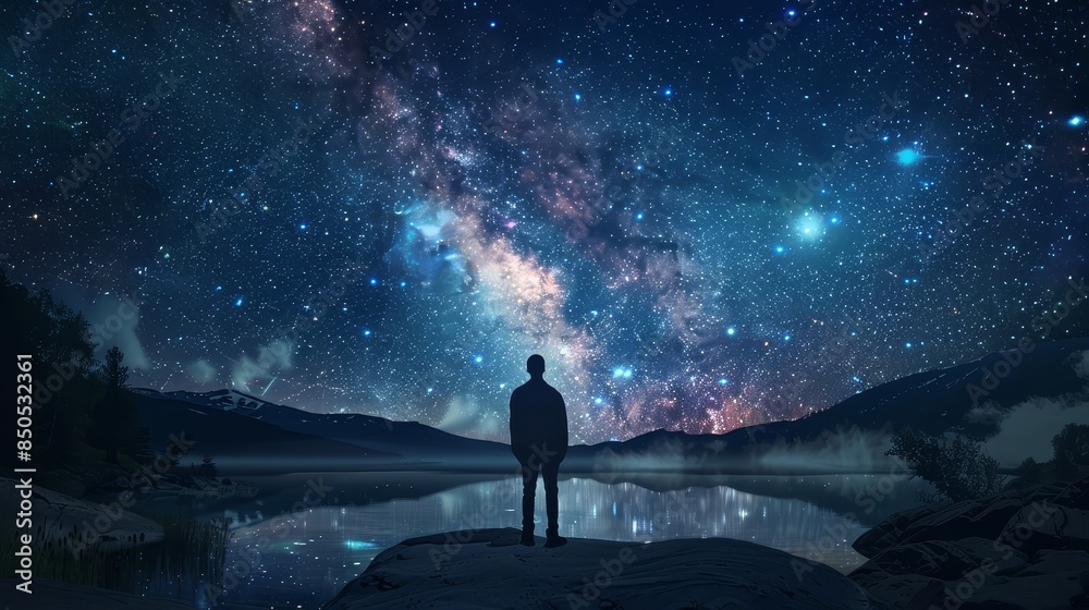 Man under a starched night sky at the lake - Tranquil scene of a man standing by a lake under a starry sky, representing solitude and the universe's expanse Man under a starched night sky at the lake - Tranquil scene of a man standing by a lake under a starry sky, representing solitude and the universe's expanse