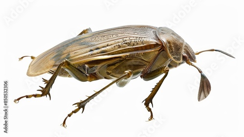Detailed legs and exoskeleton of a giant water bug standing on a white background photo