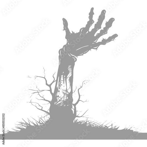 Desiccated Hand Rising from Grave, Dry Grass, Sparse Branches, Halloween Sketch.