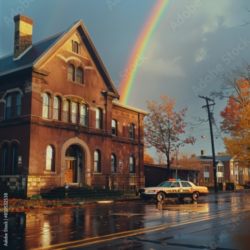 A shot of the police station's exterior with a rainbow over it. Job ID: c7666e6b-5dd5-432a-92ae-ccfa4cac7153 photo