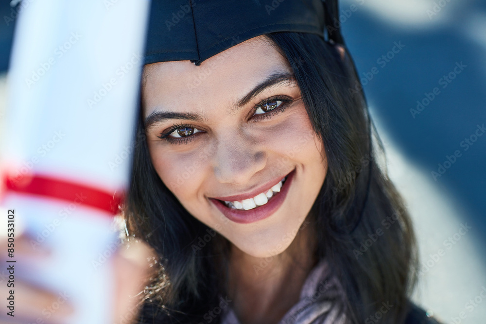 Graduate, woman and portrait for success, certificate and outdoor with smile and happiness for goal. Achievement, person and student in college, event and celebration for learning and graduation