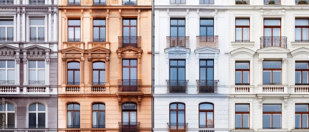 A charming European building facade featuring ornate windows and a balcony, blending traditional design with the allure of an old-world city atmosphere A charming European building facade featuring ornate windows and a balcony, blending traditional design with the allure of an old-world city atmosphere
