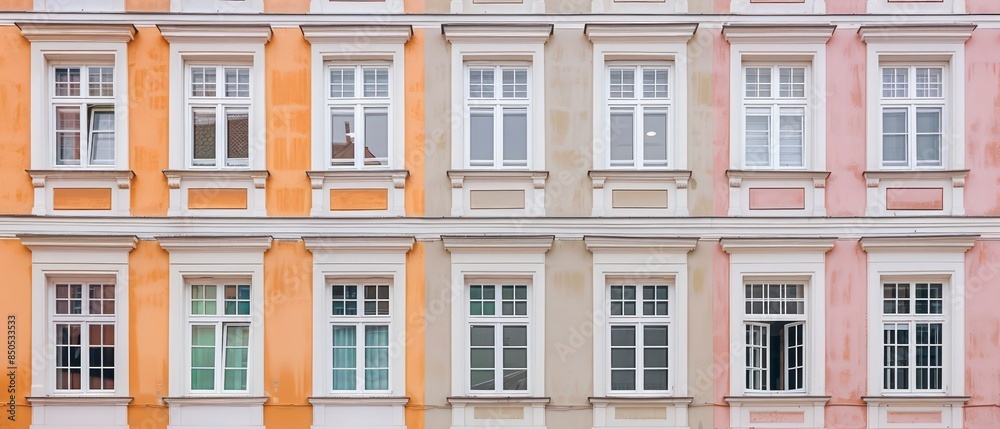 A charming European building facade featuring ornate windows and a balcony, blending traditional design with the allure of an old-world city atmosphere A charming European building facade featuring ornate windows and a balcony, blending traditional design with the allure of an old-world city atmosphere