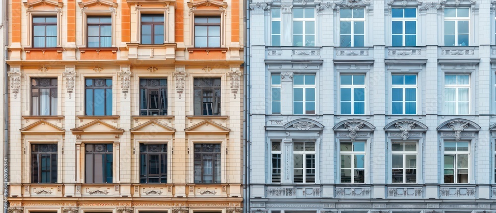 A charming European building facade featuring ornate windows and a balcony, blending traditional design with the allure of an old-world city atmosphere A charming European building facade featuring ornate windows and a balcony, blending traditional design with the allure of an old-world city atmosphere