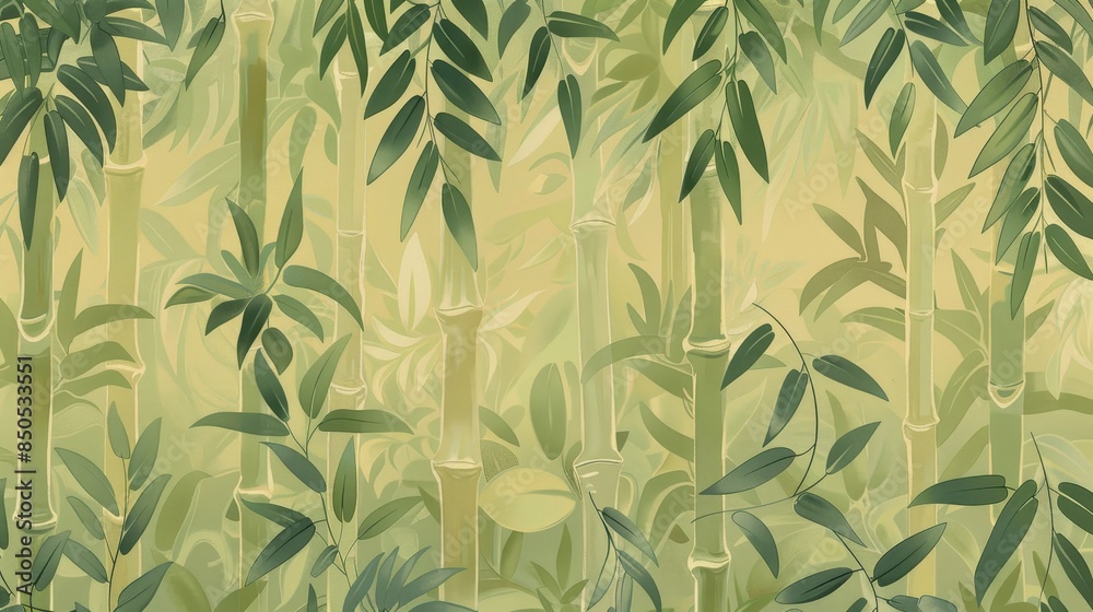 Naklejka premium Bamboo border, muted greens, flat design, repeating pattern