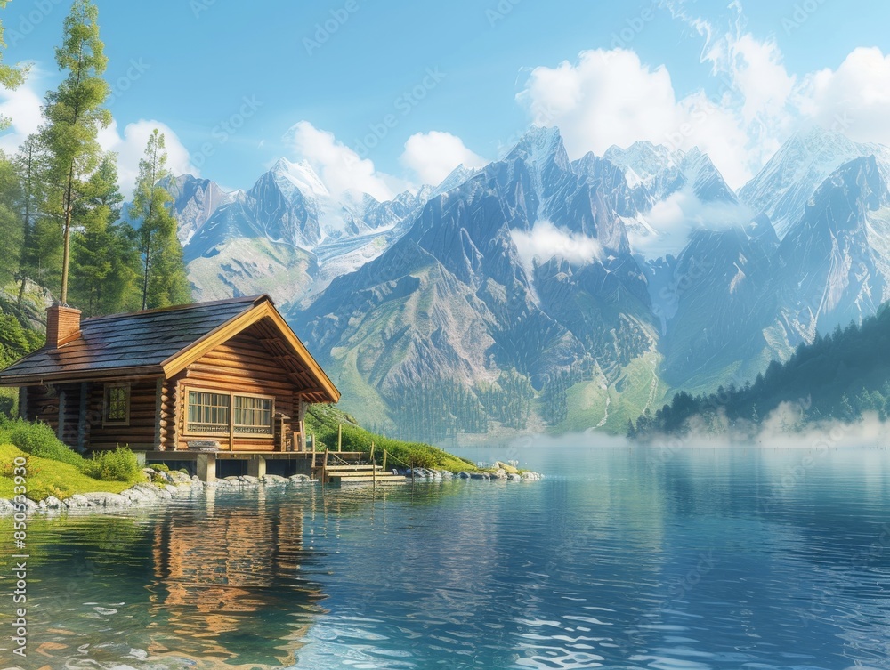 Realistic, minimalist, A log cabin by the lake Realistic, minimalist, A log cabin by the lake
