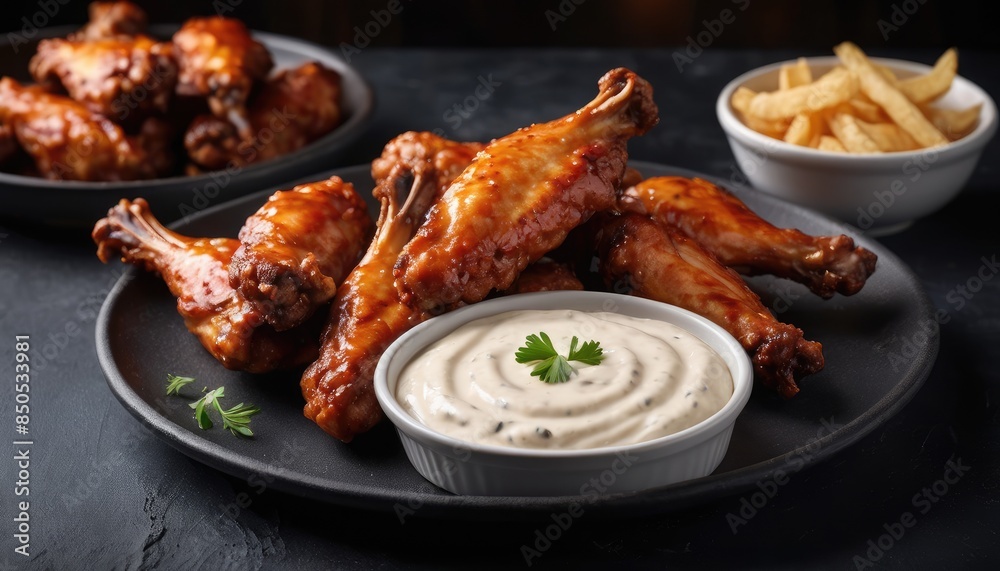 Perfectly cooked chicken wings, glazed with a savory sauce and served with a side of dipping sauce, offering a delightful combination of flavors and textures Perfectly cooked chicken wings, glazed with a savory sauce and served with a side of dipping sauce, offering a delightful combination of flavors and textures
