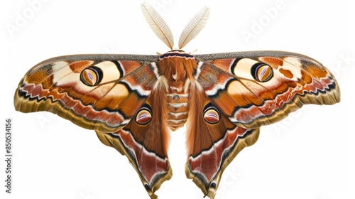 Massive moth with eye spots elegantly unfurls its wings against a blank canvas, showcasing detailed designs and vivid hues