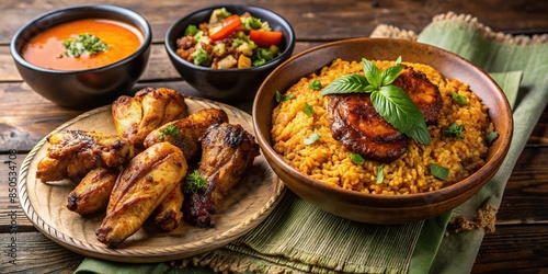Delicious African meal of peanut soup, jollof rice, grilled chicken wings