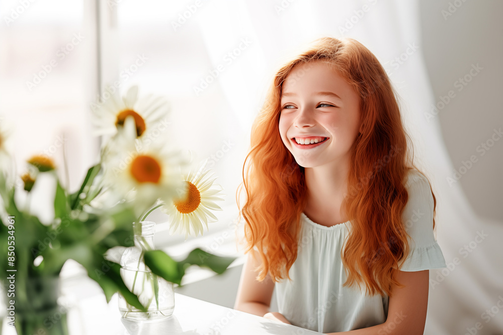 Smiling redhead girl enjoying a daisy's scent, sitting at a white table Smiling redhead girl enjoying a daisy's scent, sitting at a white table
