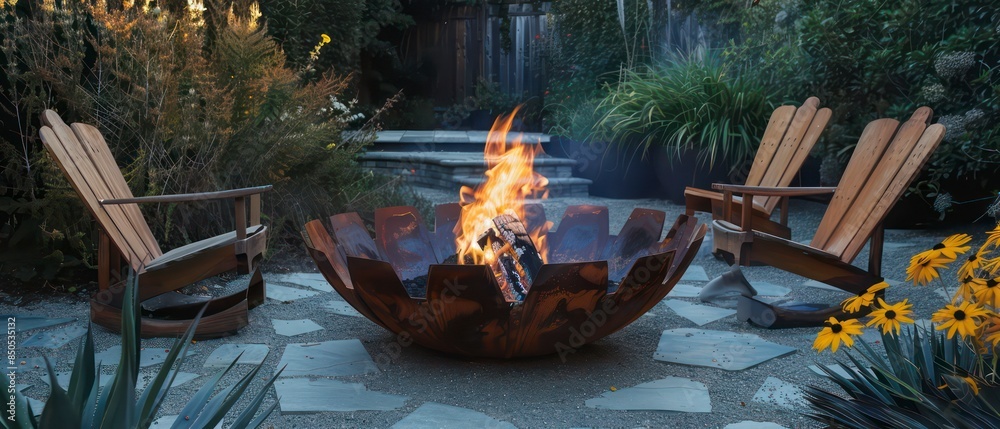 A fire pit centerpiece on a patio, providing warmth and charm. Perfect for creating a cozy retreat for family and friends to enjoy year-round A fire pit centerpiece on a patio, providing warmth and charm. Perfect for creating a cozy retreat for family and friends to enjoy year-round