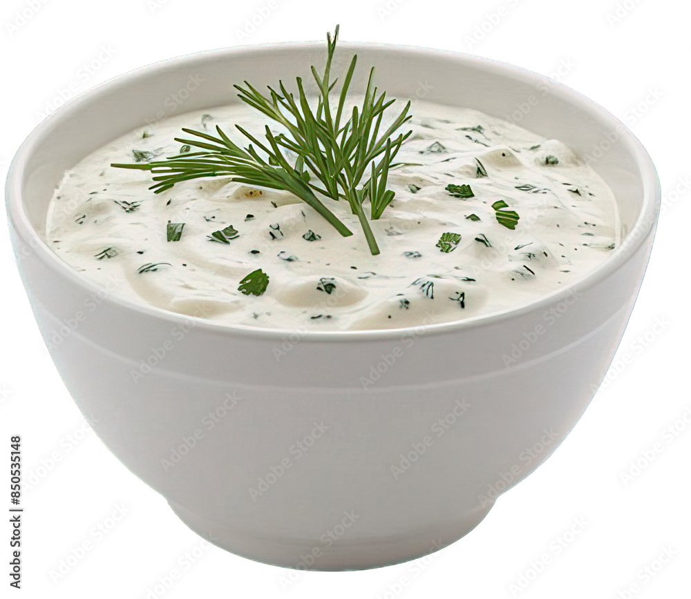 isolated on a white background is a bowl containing ranch dressing (mayonnaise, sour cream, buttermilk, garlic, dill, parsley, and chives).