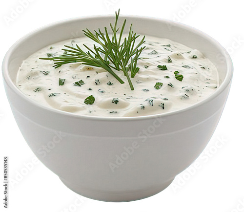 isolated on a white background is a bowl containing ranch dressing (mayonnaise, sour cream, buttermilk, garlic, dill, parsley, and chives).