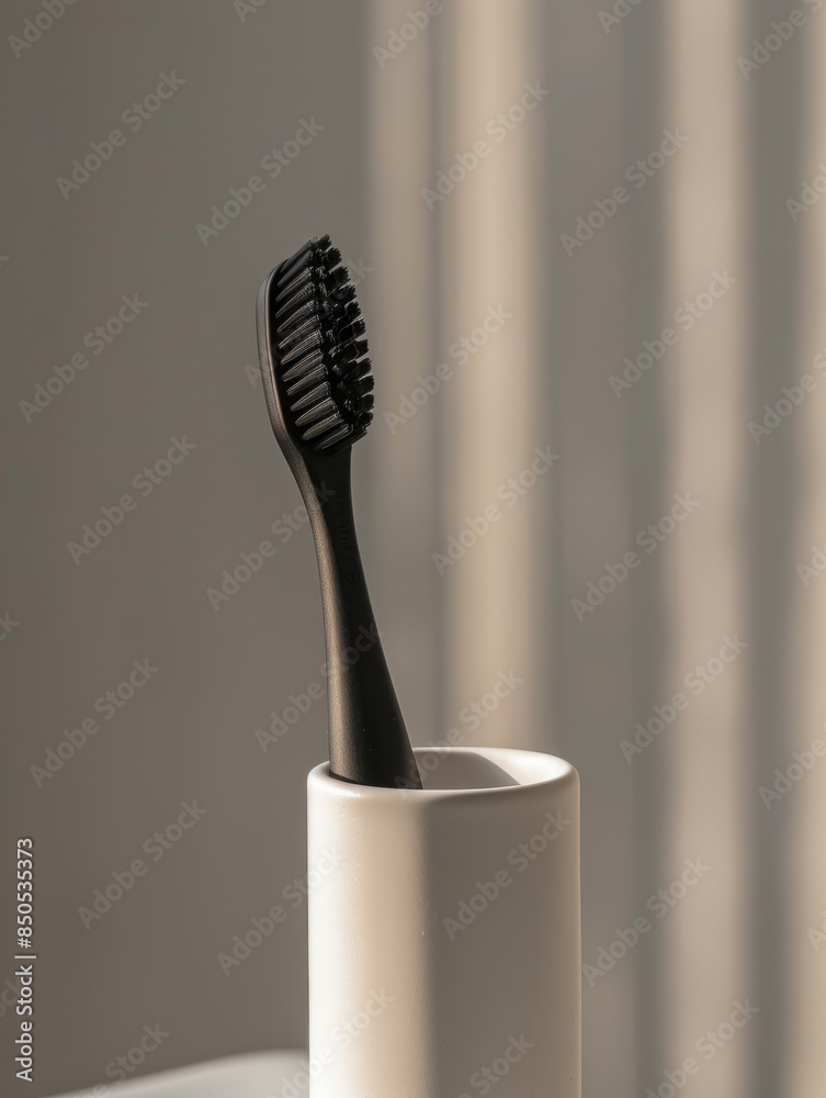Black toothbrush in a white holder with a light background. Black toothbrush in a white holder with a light background.
