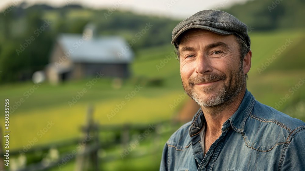 Smiling man in denim shirt and cap with a barn in the background. Smiling man in denim shirt and cap with a barn in the background.