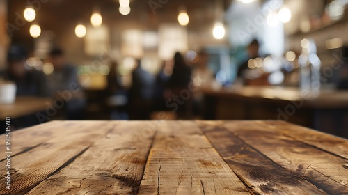 Wood table top with blur of people in coffee shop or caferestaurant backgroundFor montage product display or design key visual layout : Generative AI