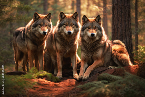 Stunning Pretty Wolf Pack Relaxing In The Forest 300 PPI High Resolution Cinematic Digital Art Image