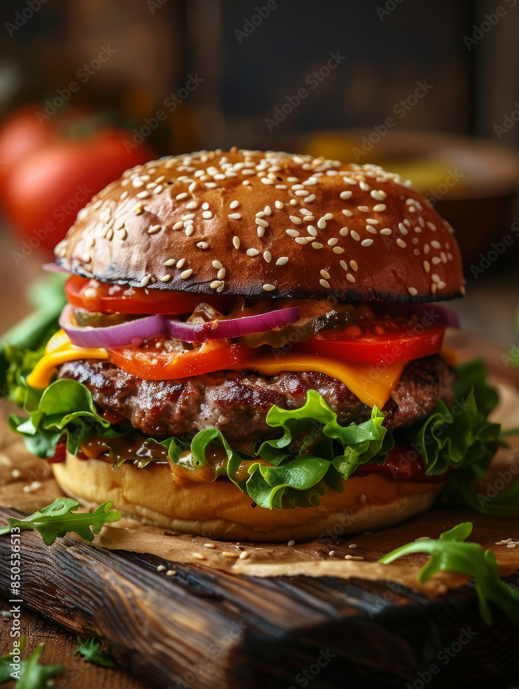 Close-up of a gourmet cheeseburger with lettuce, tomato, and onions Close-up of a gourmet cheeseburger with lettuce, tomato, and onions