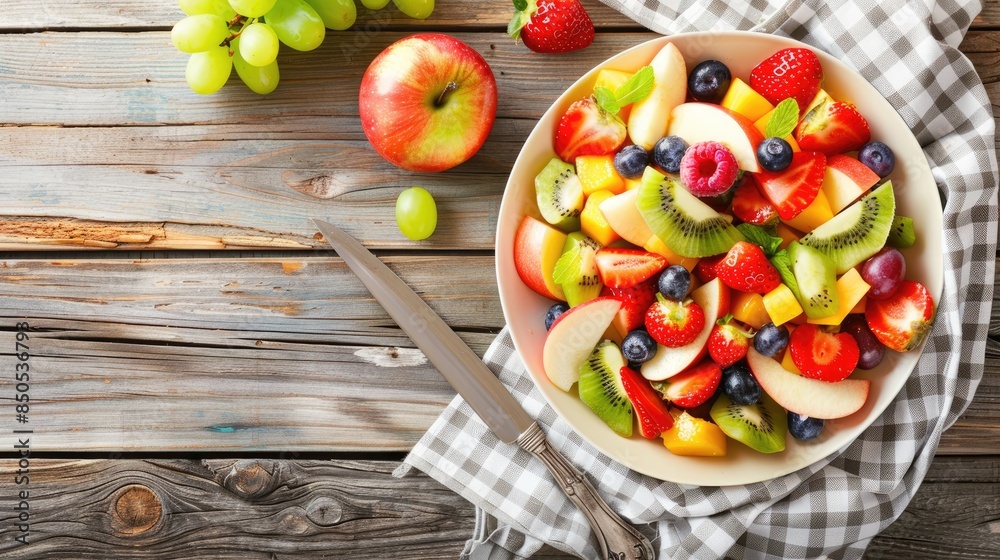 a colorful fruit salad arranged artfully on a wooden table, showcasing the vibrant variety of fresh fruits and a kitchen towel. a colorful fruit salad arranged artfully on a wooden table, showcasing the vibrant variety of fresh fruits and a kitchen towel.