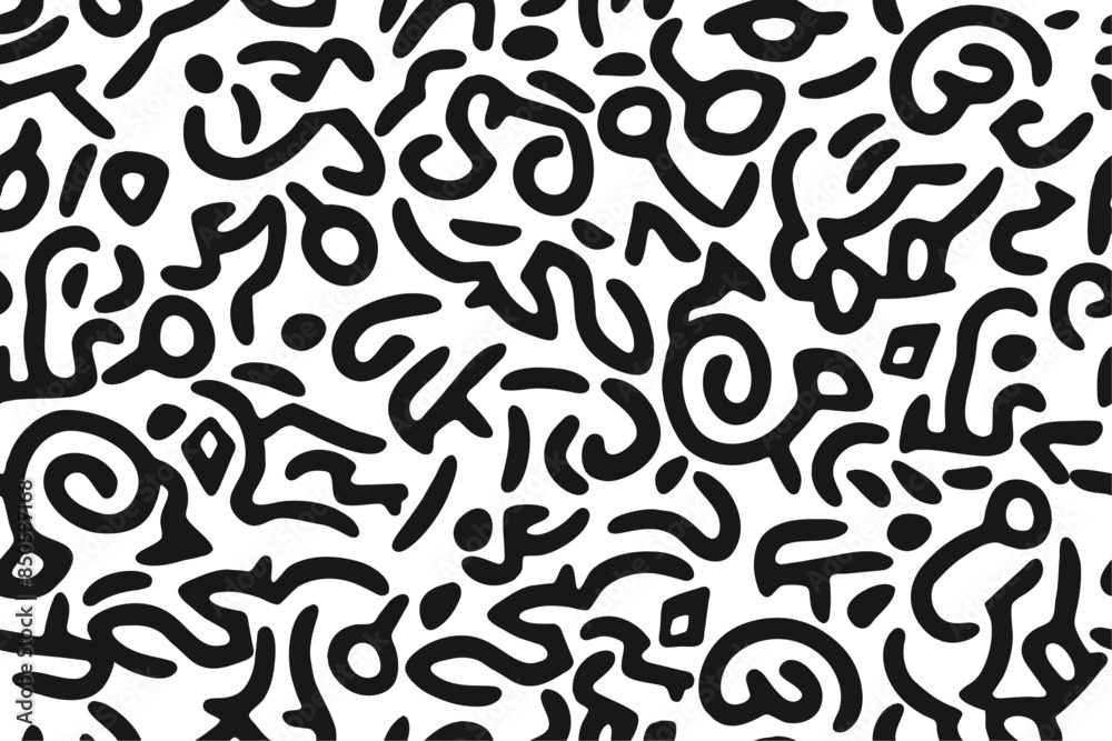 Seamless pattern of ornate scribbles creating intricate strokes. Black squiggles on a white background, seamless type. Seamless pattern of ornate scribbles creating intricate strokes. Black squiggles on a white background, seamless type.