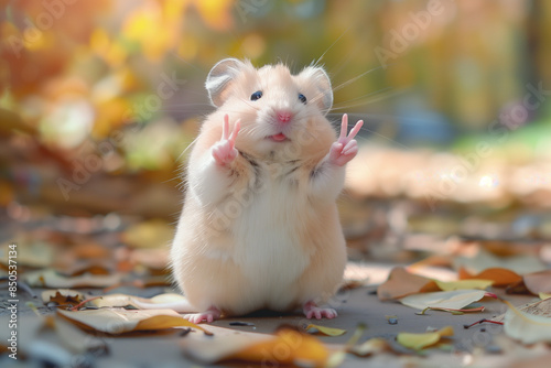 A hamster doing two finger selfie pose, victory sign generated by AI