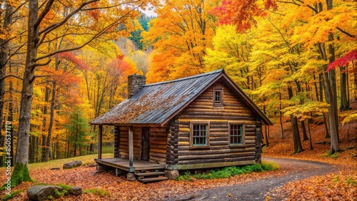 Old wooden cabin surrounded by colorful autumn foliage in a tranquil forest setting, cabin, autumn, forest, wooden, cozy