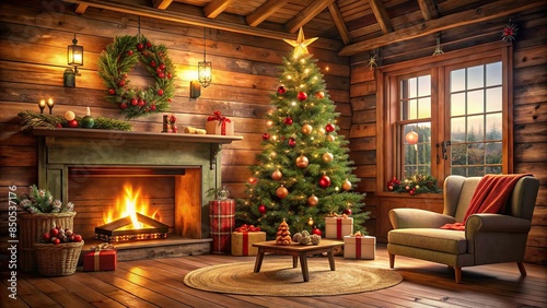 Rustic cottage interior with cozy fireplace, decorated Christmas tree, and holiday cheer, rustic, cottage, interior © tammanoon