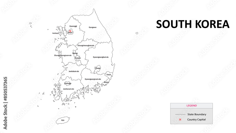 South Korea Map. State and district map of North Korea. Administrative map of South Korea with states and boundaries in white color. South Korea Map. State and district map of North Korea. Administrative map of South Korea with states and boundaries in white color.