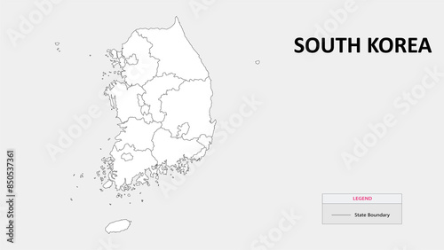 South Korea Map. State map of North Korea. Administrative map of South Korea with states names in outline.