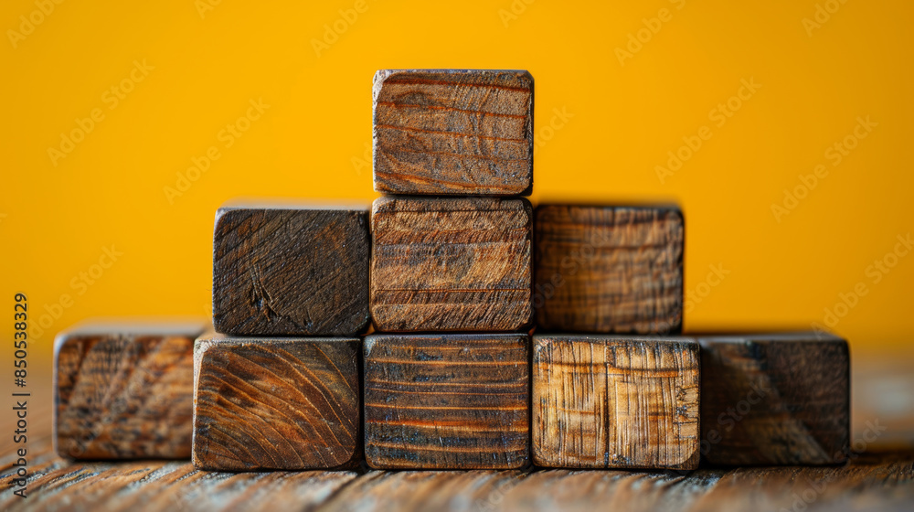 Wooden Blocks Pyramid on Rustic Surface with Yellow Background Wooden Blocks Pyramid on Rustic Surface with Yellow Background
