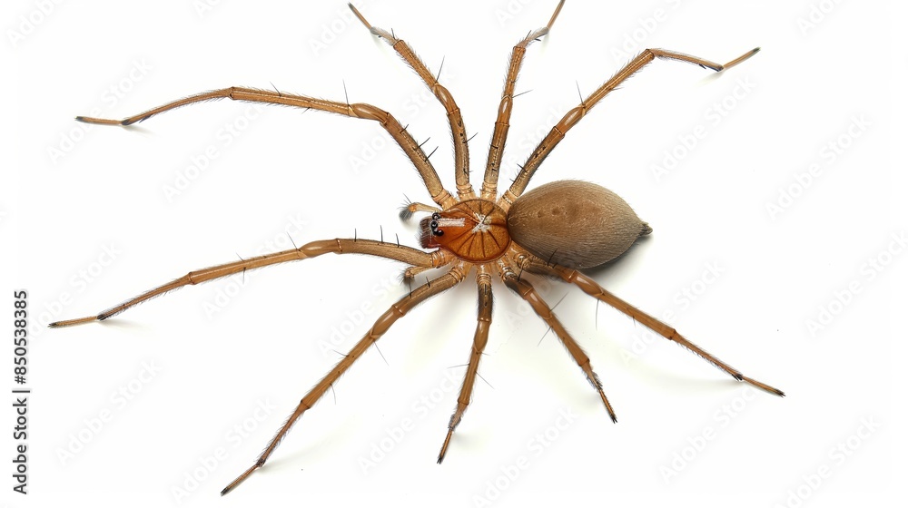 Scary brown spider with spread legs on white background. Detailed macro shot evokes fear and phobias. Isolated image with copy space Scary brown spider with spread legs on white background. Detailed macro shot evokes fear and phobias. Isolated image with copy space