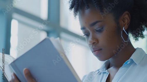 Focused young african american businesswoman or student looking at laptop holding book learning serious black woman working or studying with computer doing research or preparing for ex : Generative AI photo
