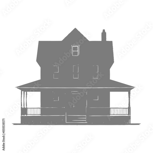 Gray Scale House Silhouette with Porch and Gable Roof.