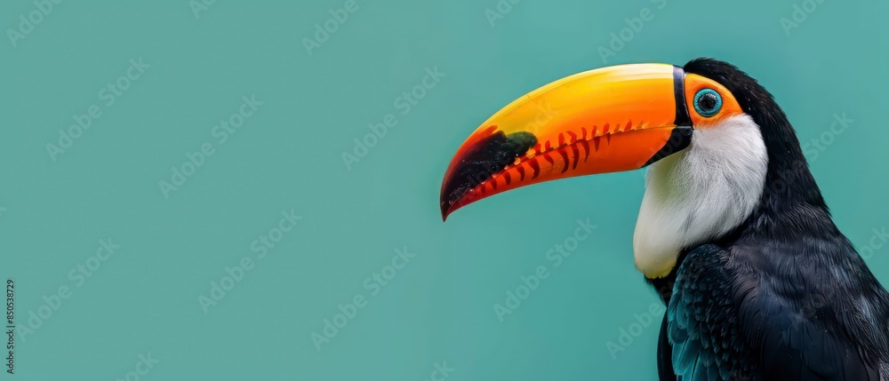 Naklejka premium A wild toucan, known for its distinctive beak and vivid plumage, thriving in the lush, tropical landscapes of Brazil. Symbolizes biodiversity and natural splendor