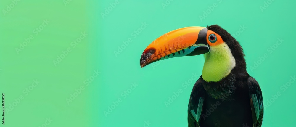 Fototapeta premium A wild toucan, known for its distinctive beak and vivid plumage, thriving in the lush, tropical landscapes of Brazil. Symbolizes biodiversity and natural splendor