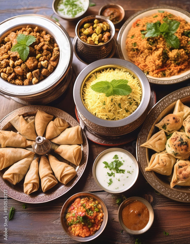 traditional dishes such as biryani, kebabs, samosas, and desserts like baklava and maamoul, all beautifully arranged on the dinner table