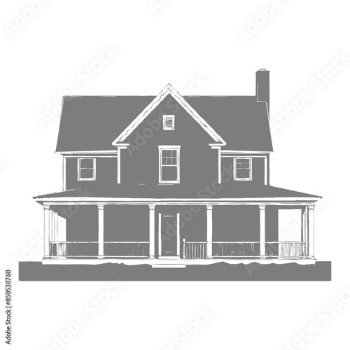 Gray Farmhouse Elevation: Classic Porch Design, Architectural Rendering.