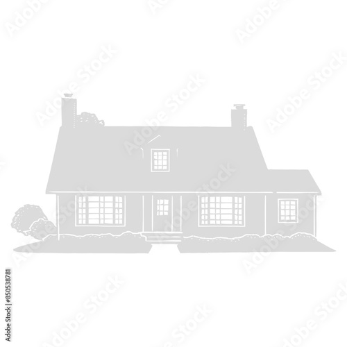 Gray Scale Facade of a Two-Story House with Gable Roof and Bushes.