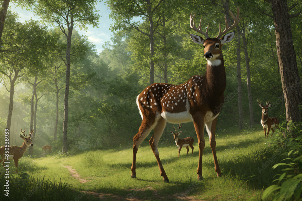 Fototapeta premium Happy 3D cartoon deer with pastel in a forest