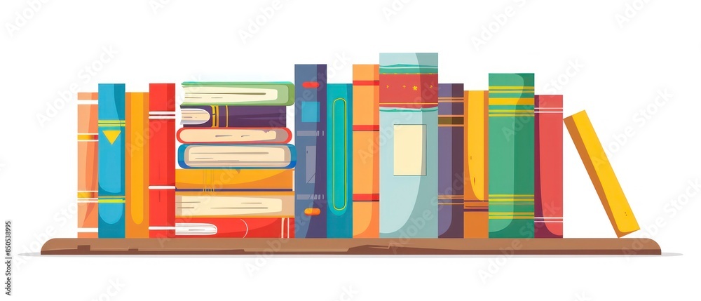 Fototapeta premium A illustration of organized row of books in a school library, offering a wealth of information and imagination. Encourages academic pursuits and intellectual growth