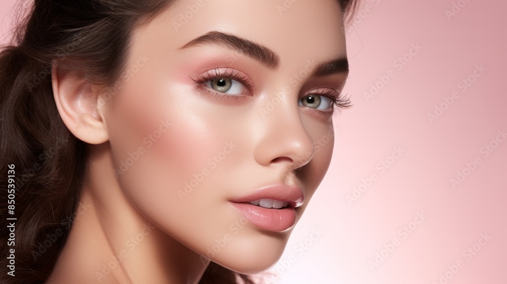 Close-up portrait of a beautiful woman with flawless skin and natural makeup on a pink background. Ideal for beauty, skincare, and cosmetic promotions. Close-up portrait of a beautiful woman with flawless skin and natural makeup on a pink background. Ideal for beauty, skincare, and cosmetic promotions.