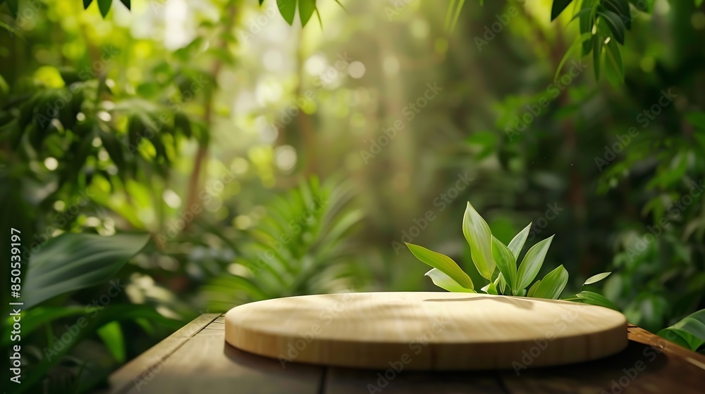 Table top wood counter floor podium in nature outdoors tropical forest garden blurred green jungle plant backgroundnatural product present placement pedestal stand displayspring or sum : Generative AI Table top wood counter floor podium in nature outdoors tropical forest garden blurred green jungle plant backgroundnatural product present placement pedestal stand displayspring or sum : Generative AI