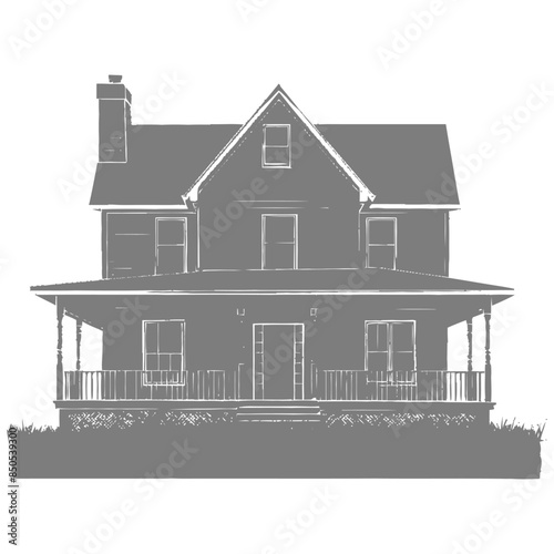 Monochromatic House Sketch: Two-Story with Porch and Gable Roof.