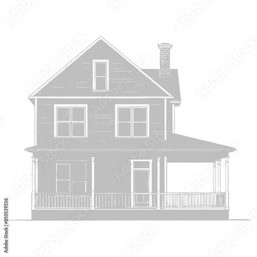 Grey-Scale Architectural Sketch: Two-Story House with Porch and Chimney