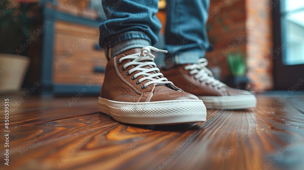 Man Wearing Stylish Sneakers on Wooden Floor Indoors in Casual Outfit Man Wearing Stylish Sneakers on Wooden Floor Indoors in Casual Outfit