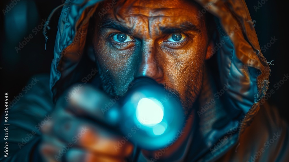Close-Up of Man Holding a Bright Flashlight in the Darkness with Intense Gaze Close-Up of Man Holding a Bright Flashlight in the Darkness with Intense Gaze