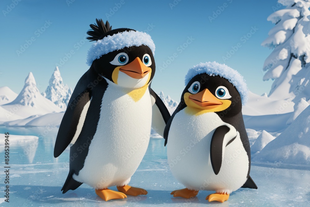 Fototapeta premium Happy 3D cartoon penguin with pastel snowflakes on ice